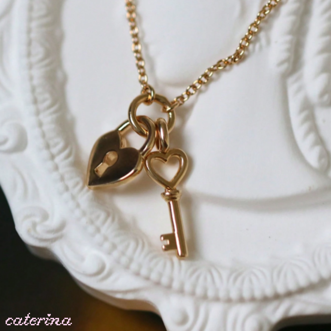 gold plated heart and lock key necklace
